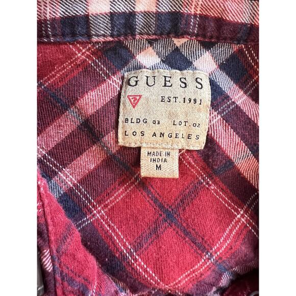 Guess Womens‎ Sz Med Snap Front Red Plaid Long Sleeve Shirt Embellished Collar - Picture 8 of 9